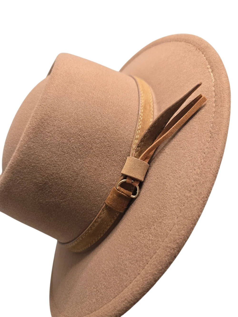 Camel Women's Wool Felt Boater Hat with Leather Band